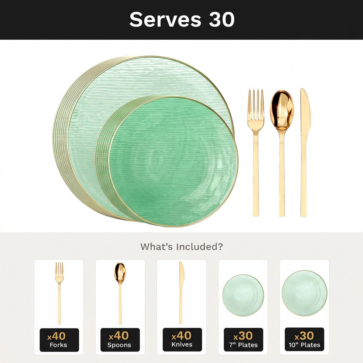 Green Weave Deluxe Set | Plates & Gold Cutlery | Serves 30