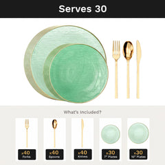 Green Weave Deluxe Set | Plates & Gold Cutlery | Serves 30