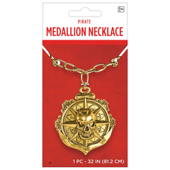 Pirate Compass Skull Medallion Necklace, Gold, 32-inch - Pack of 3