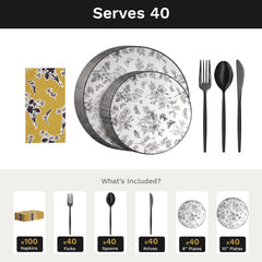 Classic Botanical Ultimate Set | Plates, Black Cutlery & Napkins | Serves 40