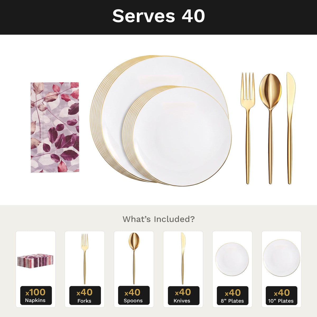 Classic Gold Ultimate Set | Plates, Gold Cutlery & Napkins | Serves 40