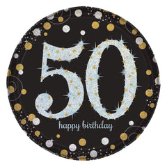 Happy Birthday 50 Paper Dessert Plates, Black/Silver/Gold, 7-inch, 8-ct - Pack of 2