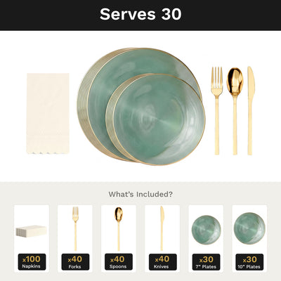 Green Luster Ultimate Set | Plates, Gold Cutlery & Napkins | Serves 30