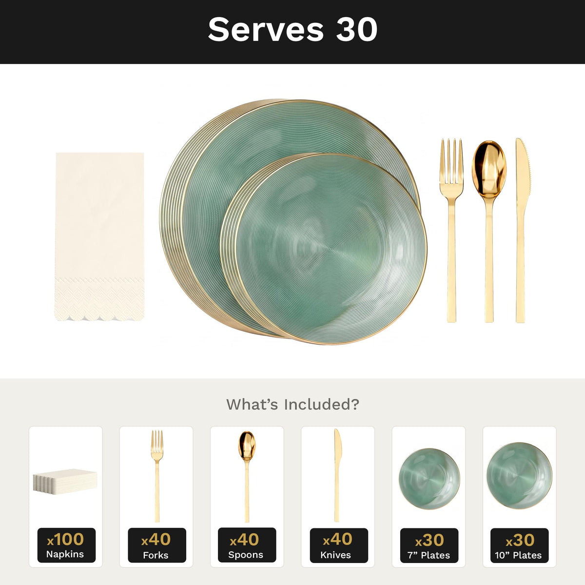 Green Luster Ultimate Set | Plates, Gold Cutlery & Napkins | Serves 30