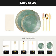 Green Luster Ultimate Set | Plates, Gold Cutlery & Napkins | Serves 30