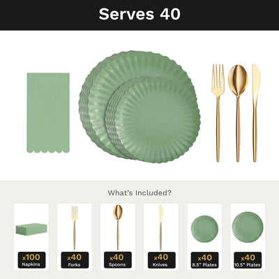 Scalloped Matcha Ultimate Set | Plates, Gold Cutlery & Napkins | Serves 40