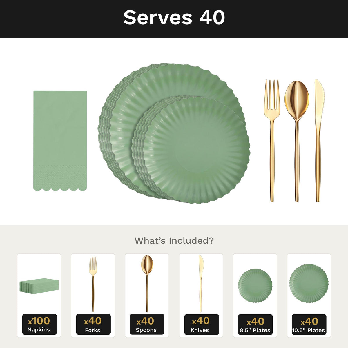 Scalloped Matcha Ultimate Set | Plates, Gold Cutlery & Napkins | Serves 40