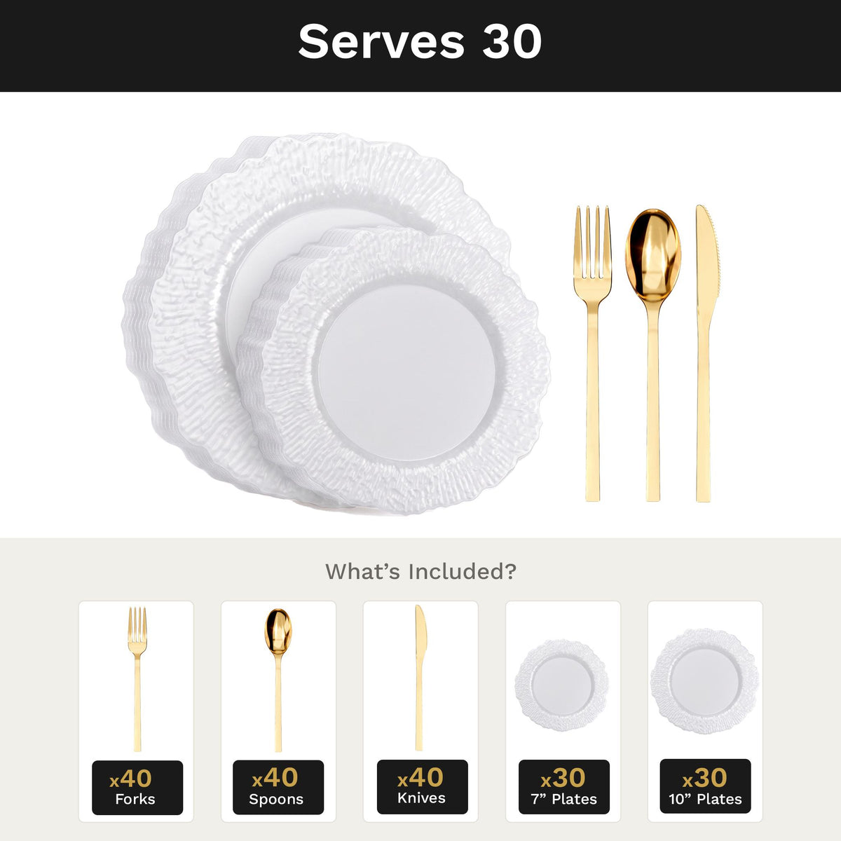 Pearl White Leaf Deluxe Set | Plates & Gold Cutlery | Serves 30