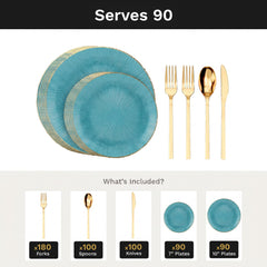 Turquoise Burst Deluxe Set | Plates & Gold Cutlery | Serves 90