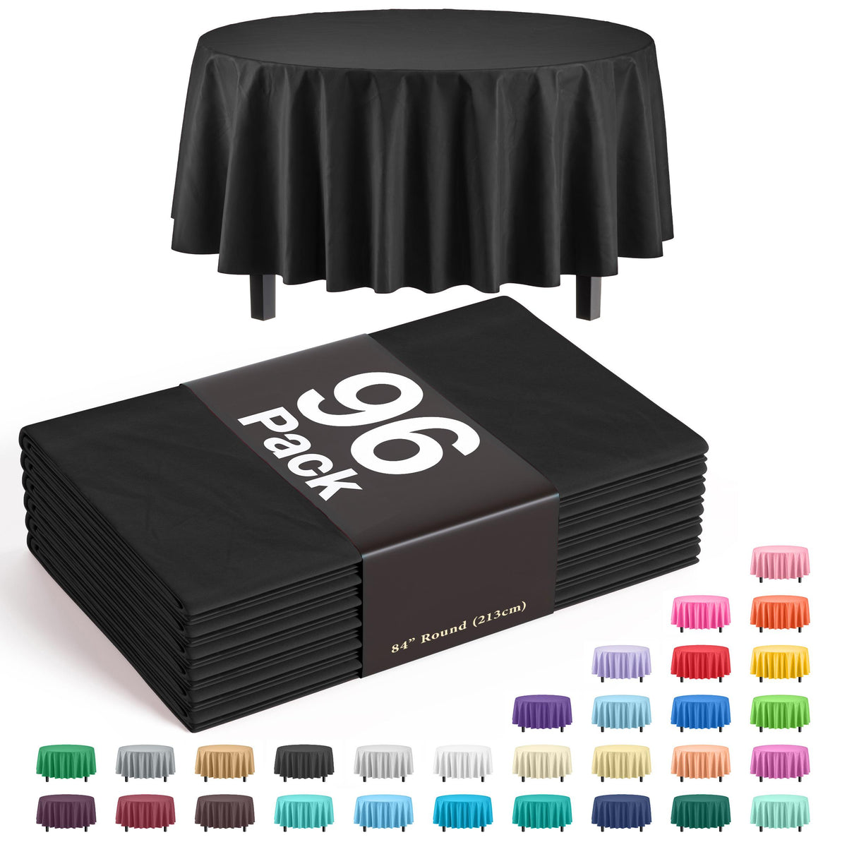 Premium Round Black Plastic Table Covers | 96 Count