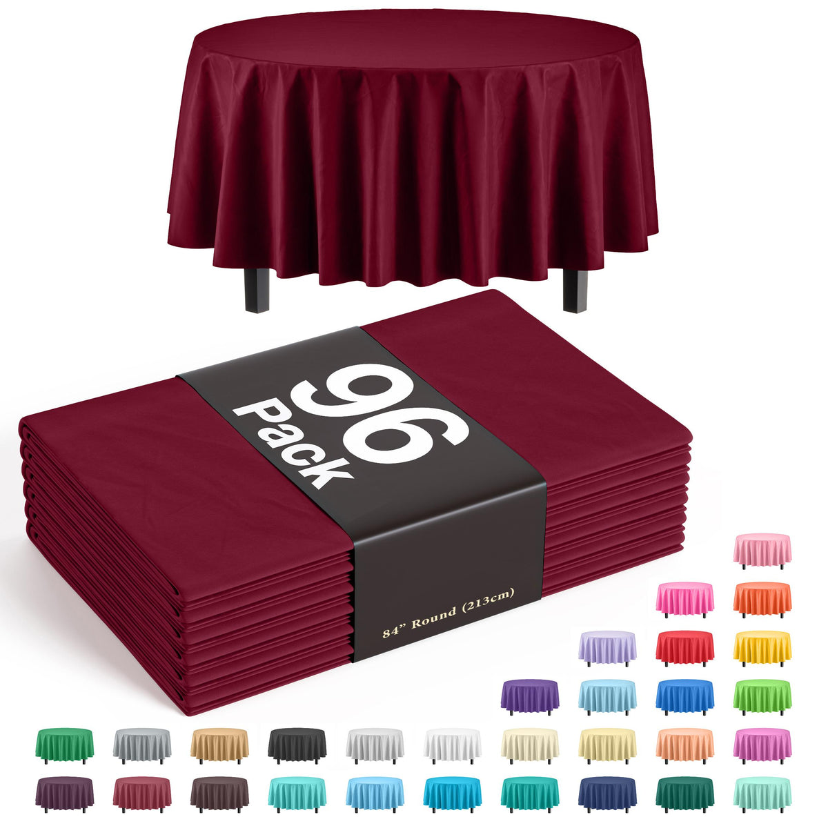 Premium Round Burgundy Plastic Table Covers | 96 Count