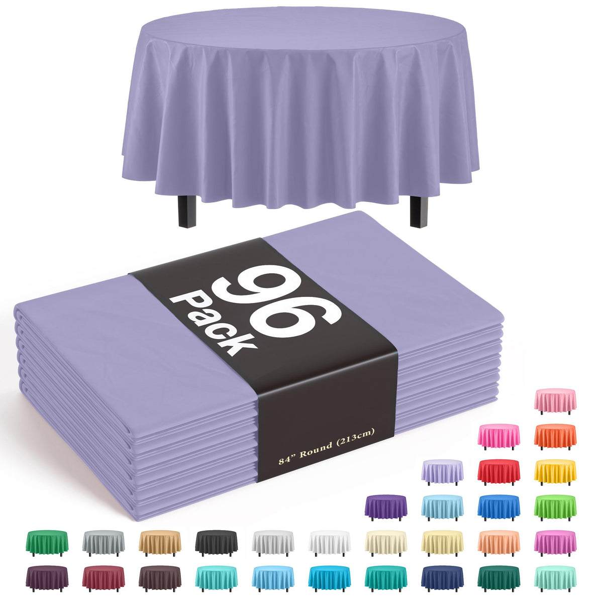 Premium Round Lavender Plastic Table Covers | 96 Count