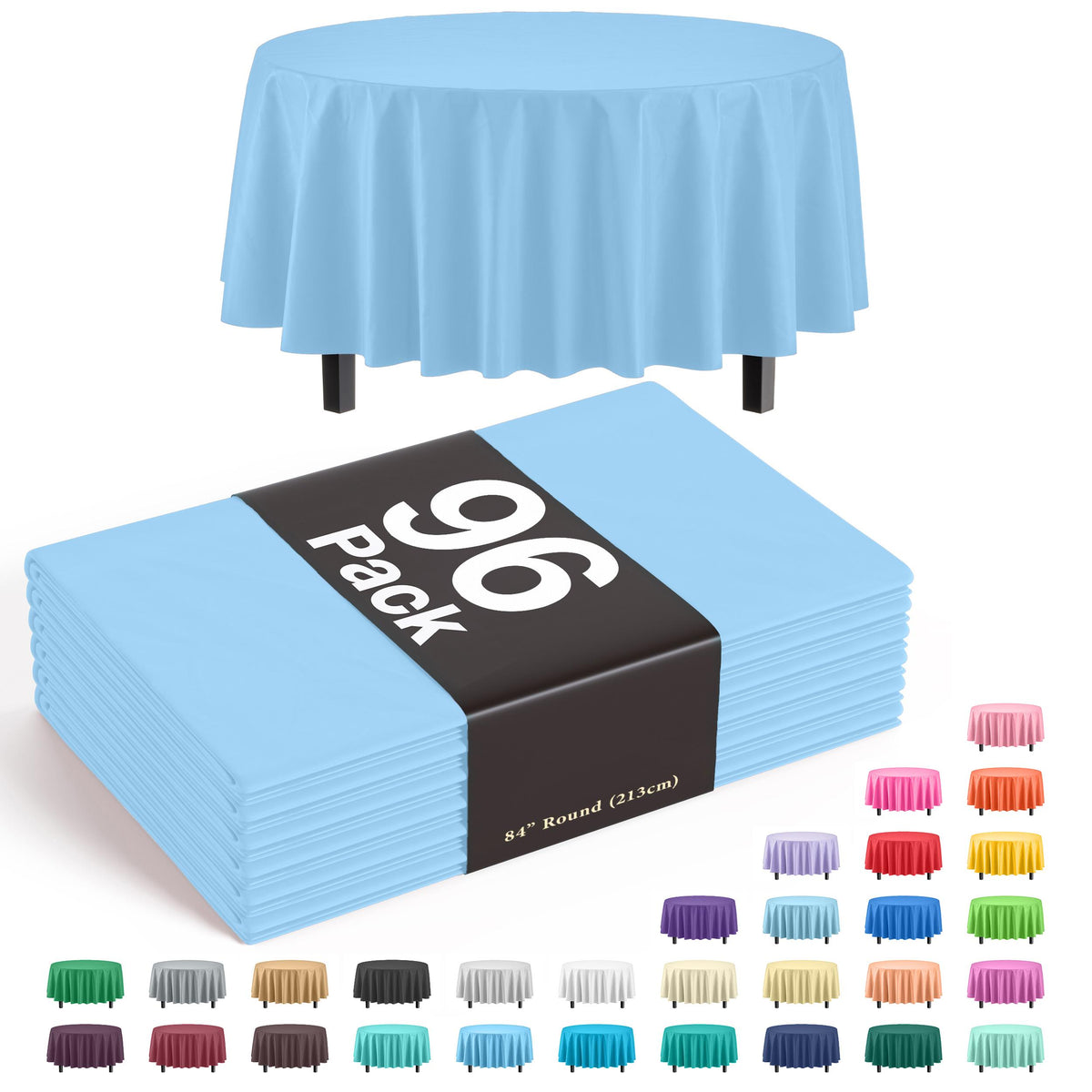 Premium Round Light Blue Plastic Table Covers | 96 Count