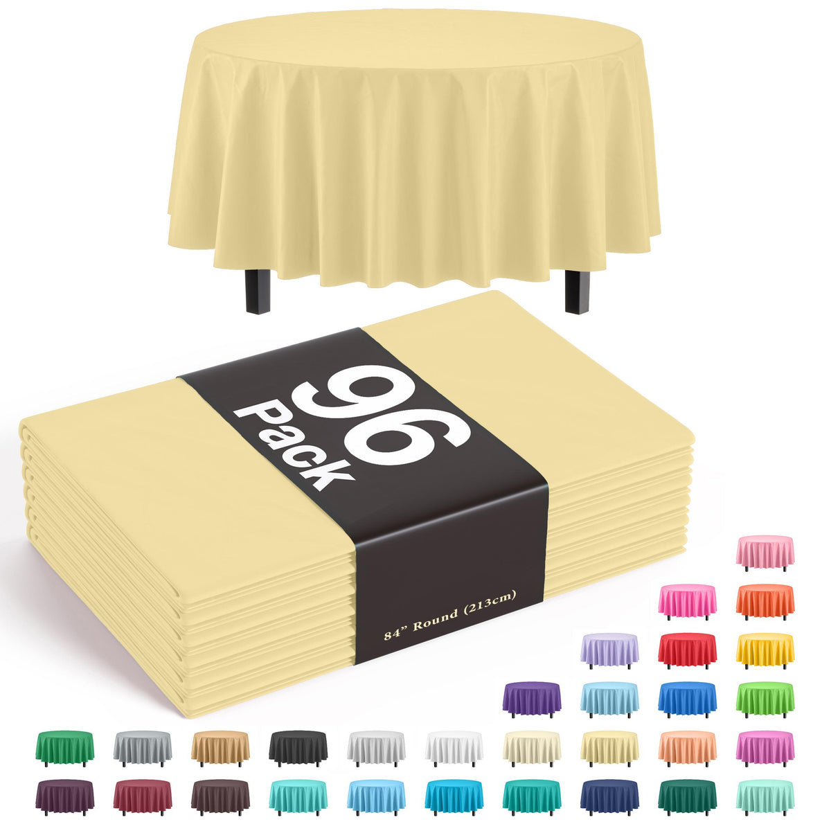 Premium Round Light Yellow Plastic Table Covers | 96 Count