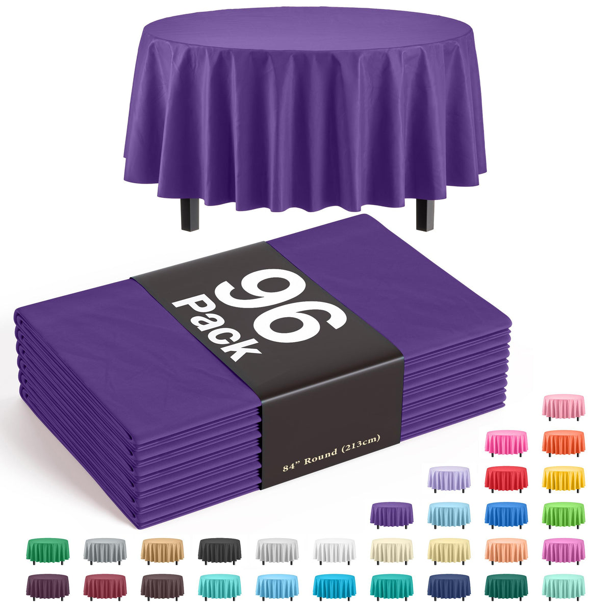 Premium Round Purple Plastic Table Covers | 96 Count