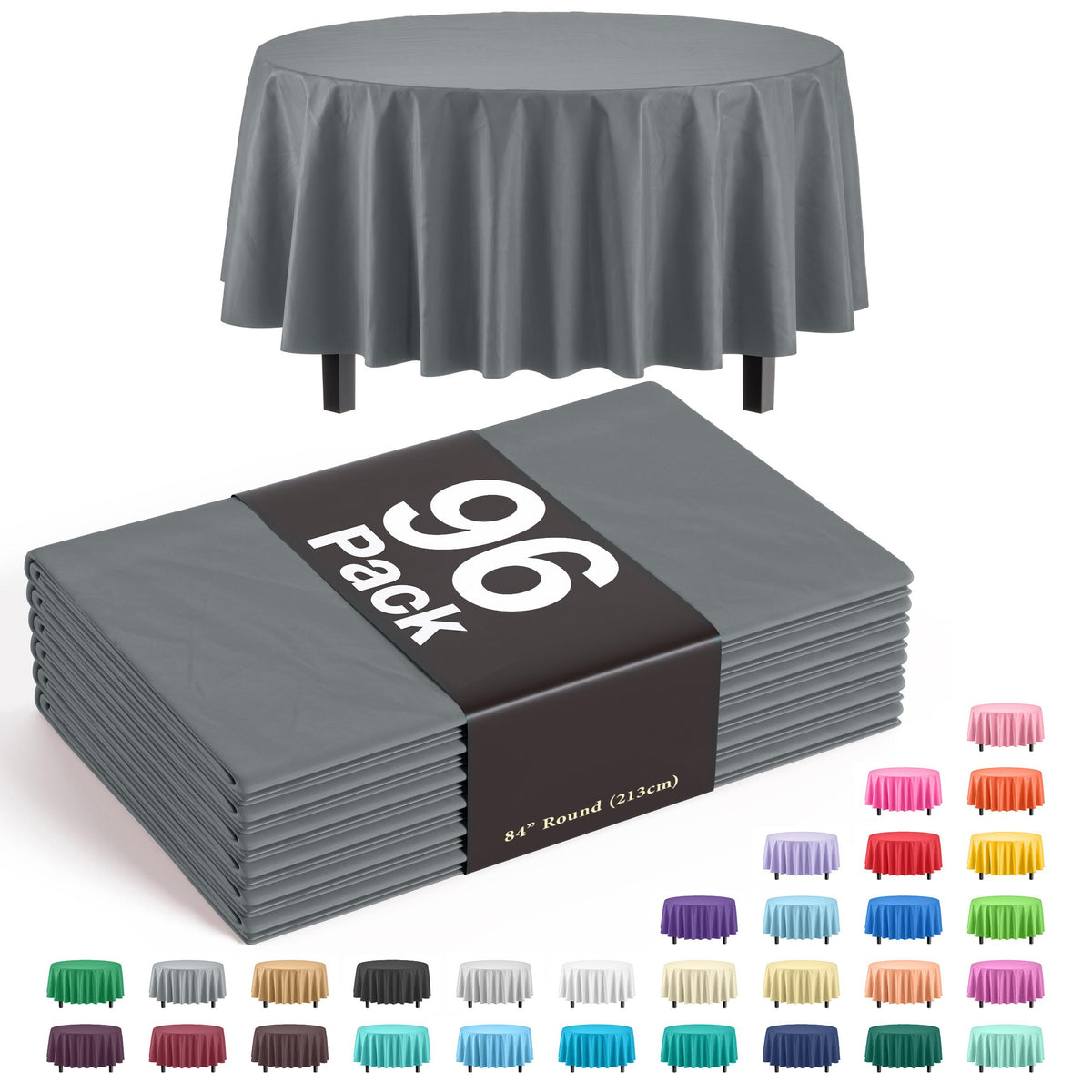 Premium Round Silver Plastic Table Covers | 96 Count