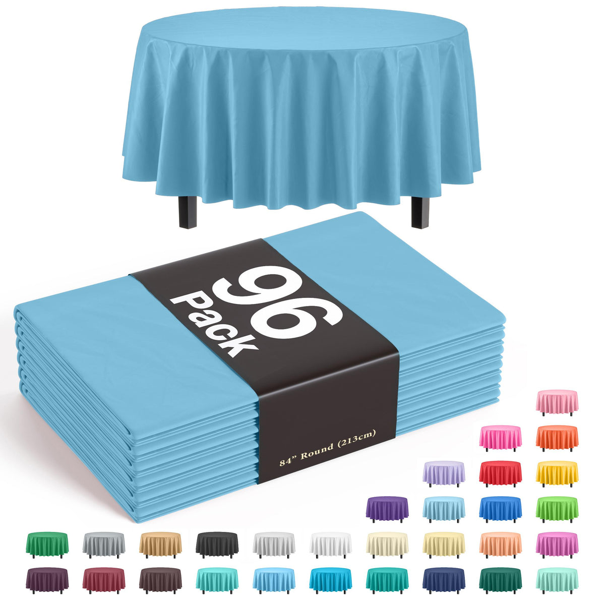 Premium Round Sky Blue Plastic Table Covers | 96 Count