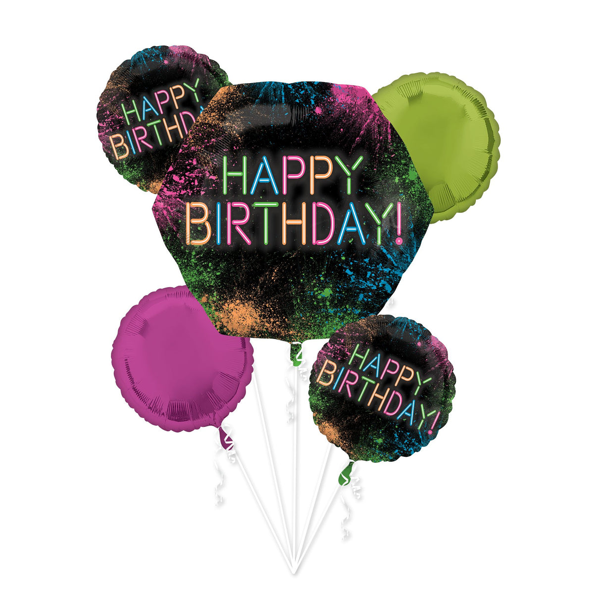 Neon Glow Happy Birthday Foil Balloon Bouquet, 5-pcs - Case of 24