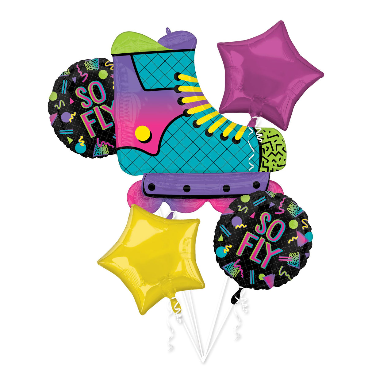 Vibrant 90s Party Foil Balloon Bouquet - 5 Piece Set - Pack of 3