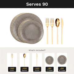 Smoke Burst Deluxe Set | Plates & Gold Cutlery | Serves 90