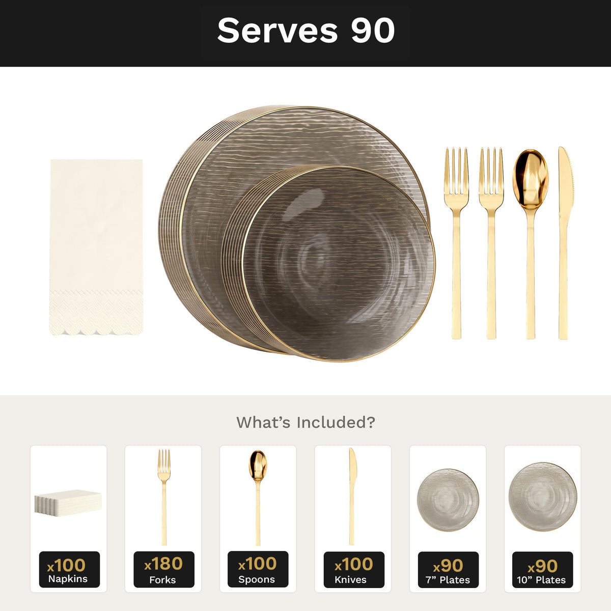 Smoke Weave Ultimate Set | Plates, Gold Cutlery & Napkins | Serves 90