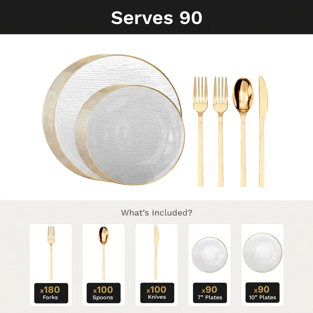 Clear Weave Deluxe Set | Plates & Gold Cutlery | Serves 90
