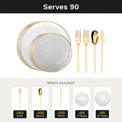 Clear Weave Deluxe Set | Plates & Gold Cutlery | Serves 90