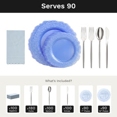 Blue Leaf Ultimate Set | Plates, Silver Cutlery & Napkins | Serves 90
