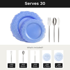 Blue Leaf Deluxe Set | Plates & Silver Cutlery | Serves 30