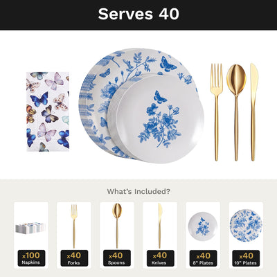 Botanical Ultimate Set | Plates, Gold Cutlery & Napkins | Serves 40
