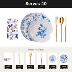 Botanical Ultimate Set | Plates, Gold Cutlery & Napkins | Serves 40