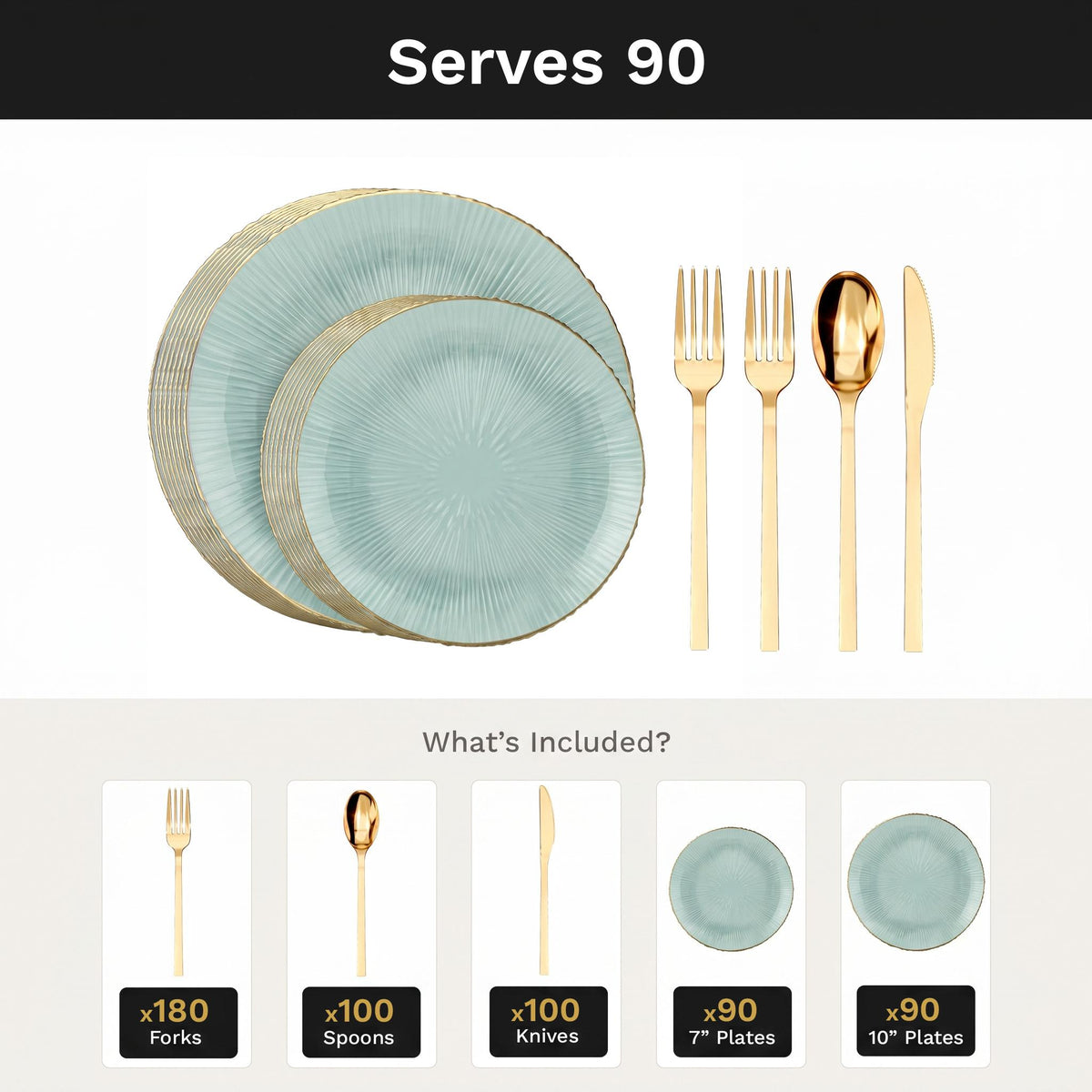Green Burst Deluxe Set | Plates & Gold Cutlery | Serves 90