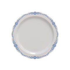 9 In. White/Navy Victorian Design Plates | 40 Count