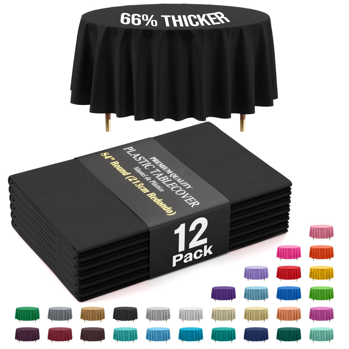 Premium Round Black Plastic Table Covers | 12 Pack