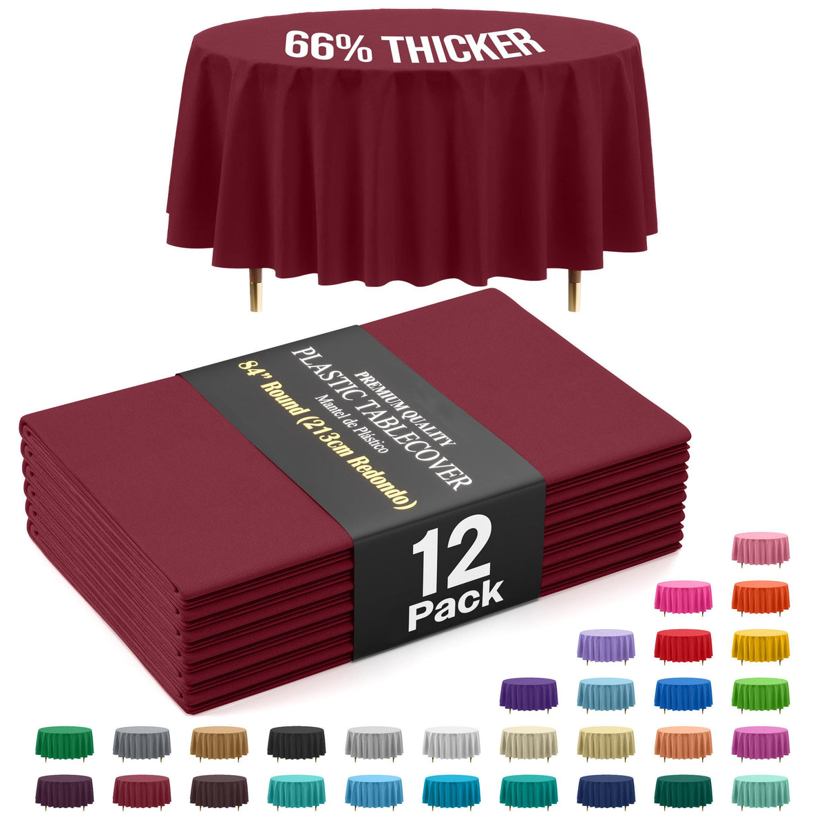 Premium Round Burgundy Plastic Table Covers | 12 Pack