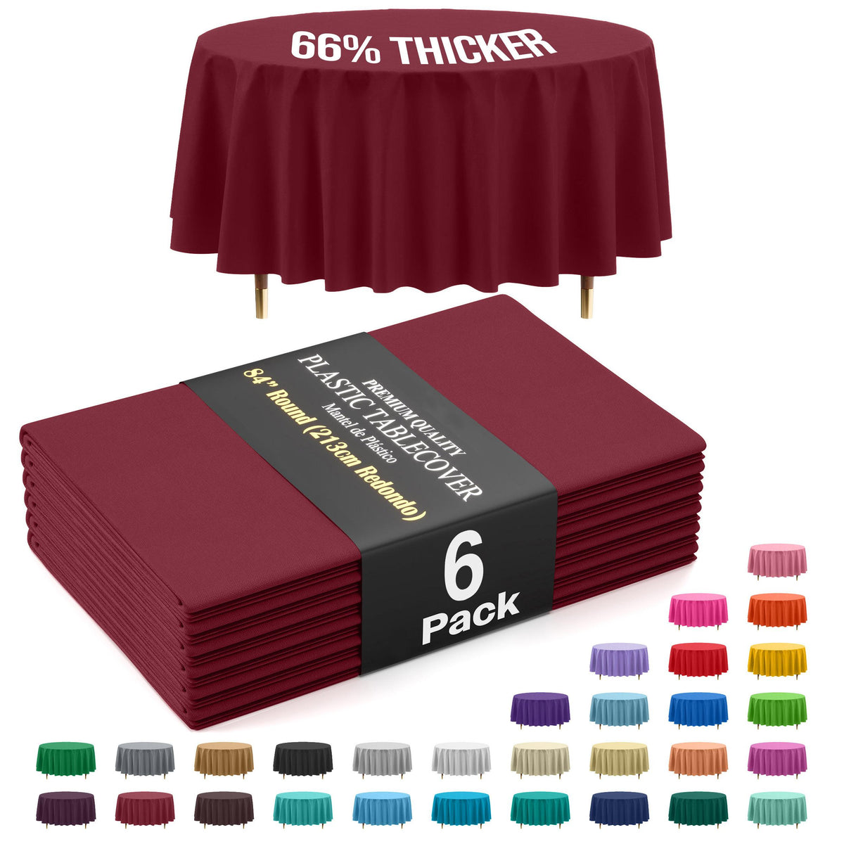 Premium Round Burgundy Plastic Table Covers | 6 Pack