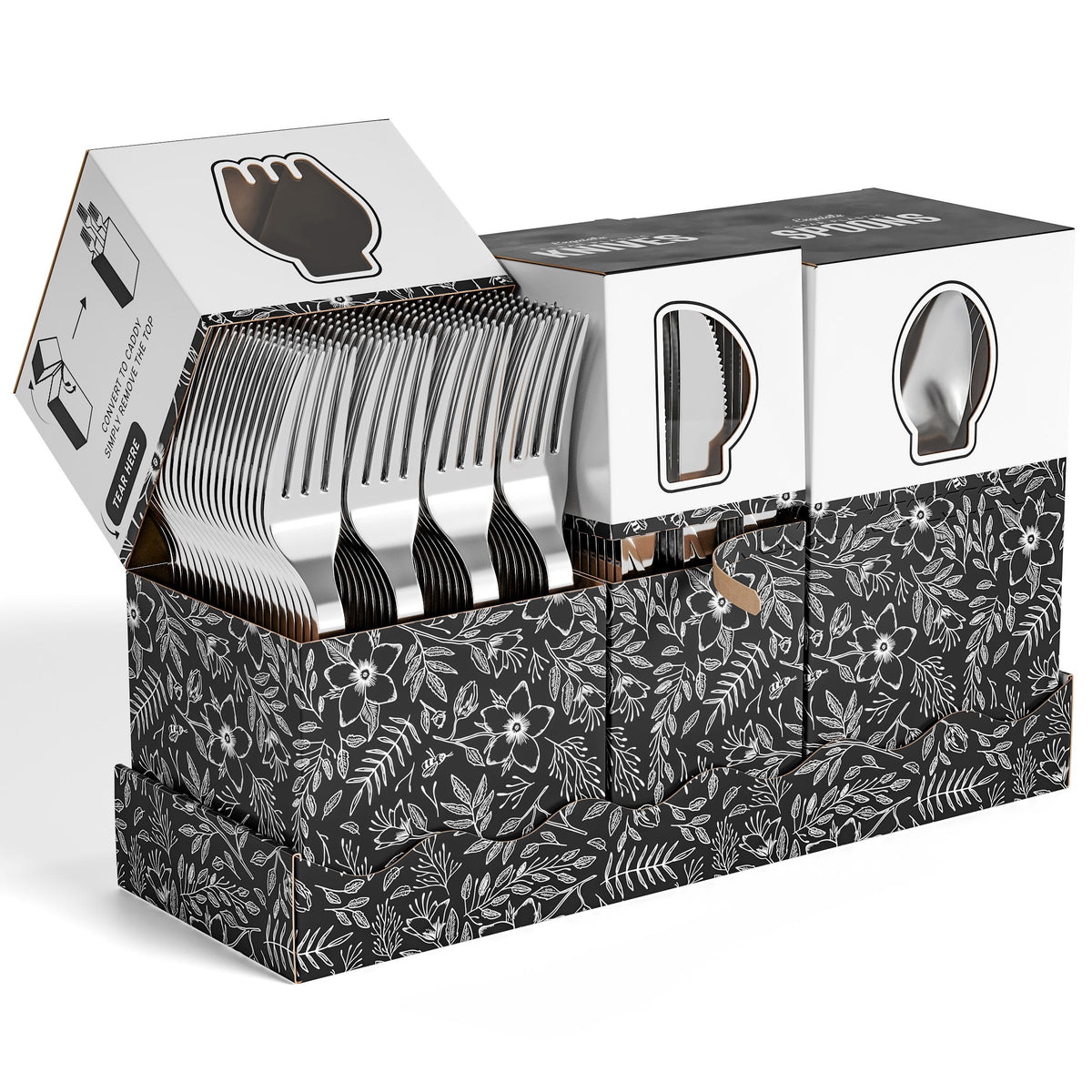 Silver Cutlery Floral Caddy Combo For 100 | 4 Pack