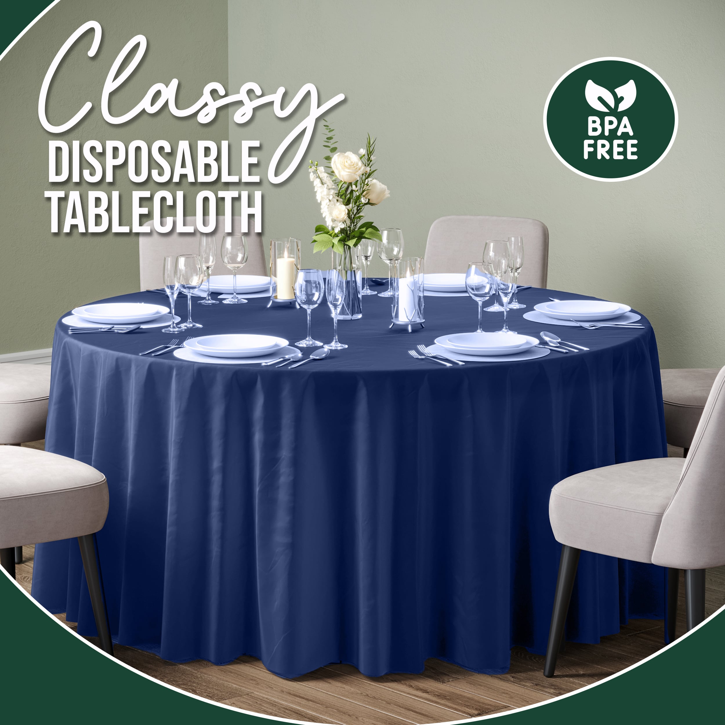 120 In. Premium Round Navy Plastic Table Covers | 6 Count