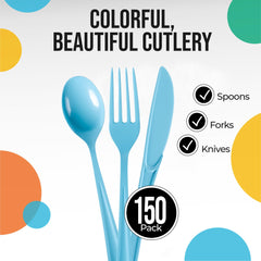 Light Blue Cutlery Combo Set - 50 Forks 50 Spoons And 50 Knives