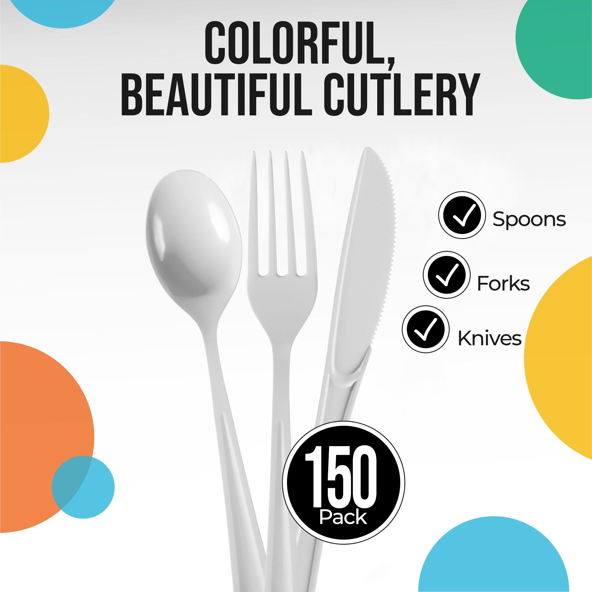 White Cutlery Combo Set - 50 Forks 50 Spoons And 50 Knives