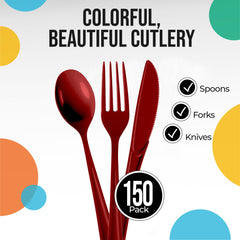 Burgundy Cutlery Combo Set - 50 Forks 50 Spoons And 50 Knives