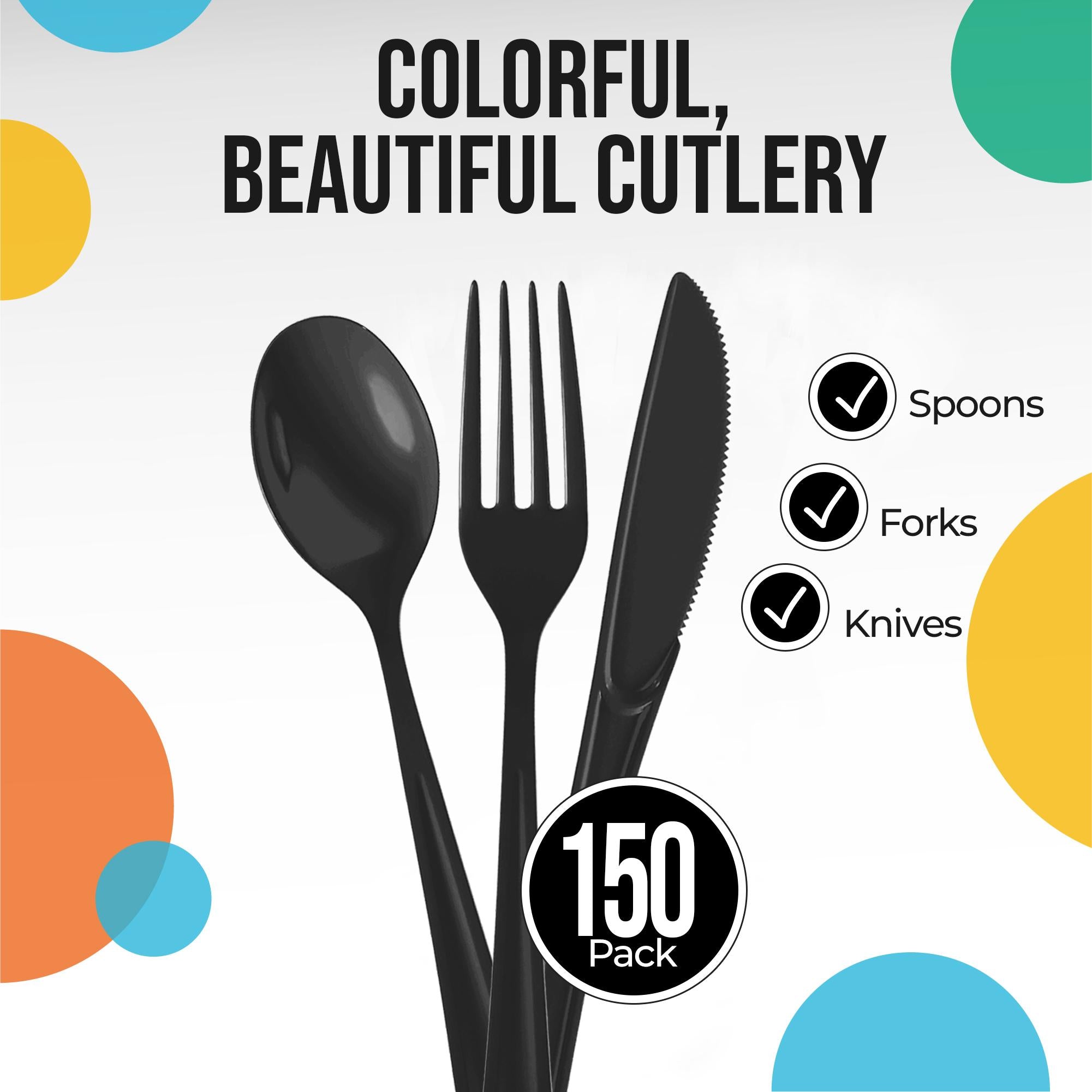 Black Cutlery Combo Set - 50 Forks 50 Spoons And 50 Knives