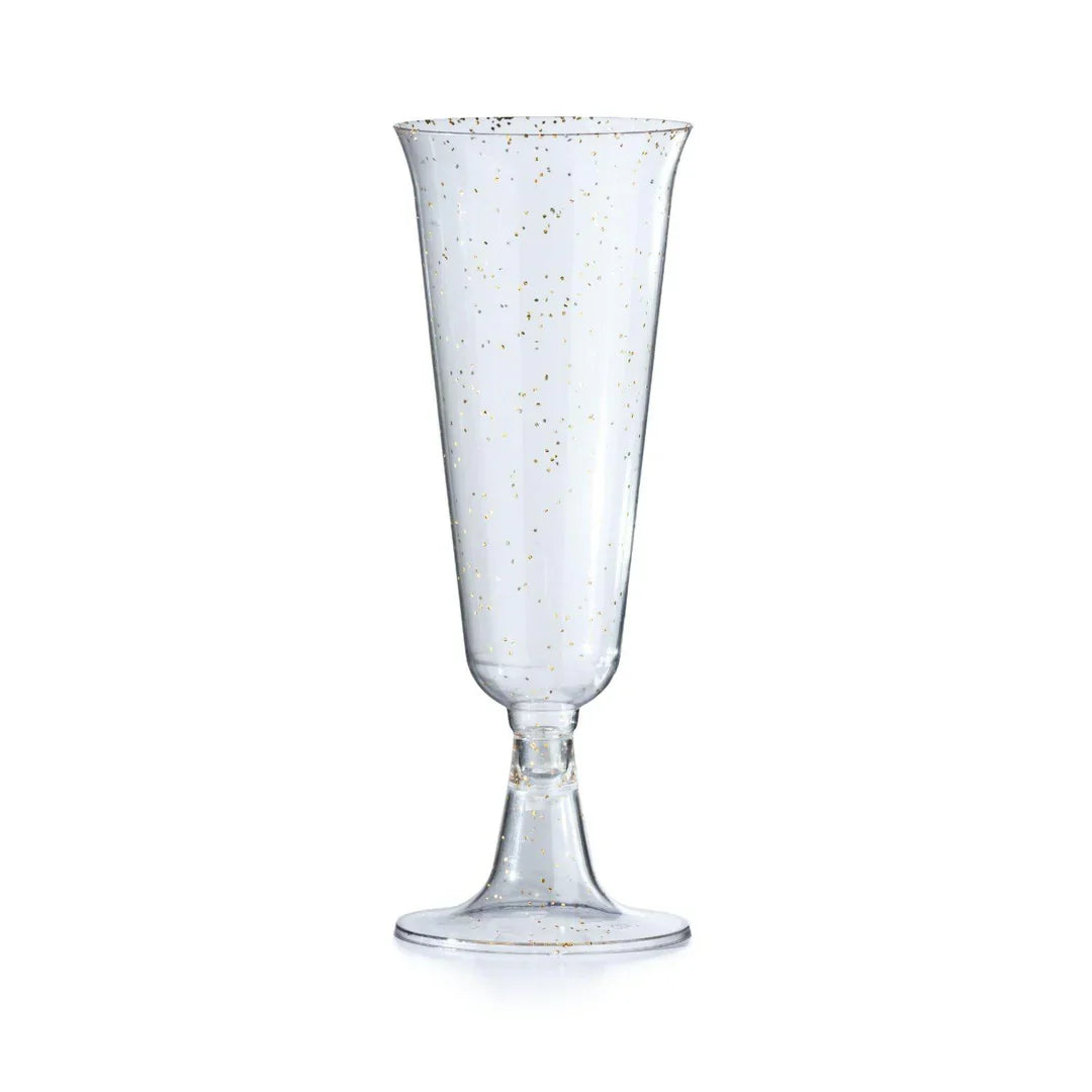 5 Oz. Gold Sparkle Plastic Flute Glasses | 24 Count