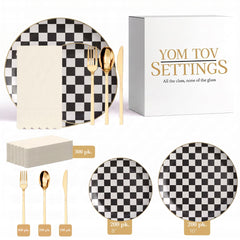 Earthtrends Checkerboard Ultimate Set | Plates, Gold Cutlery & Napkins | Serves 200