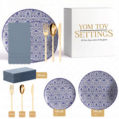 Earthtrends Florentine Ultimate Set | Plates, Gold Cutlery & Napkins | Serves 160