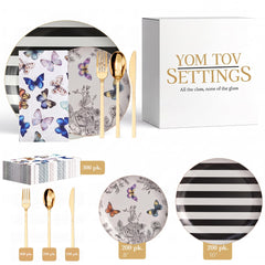 Earthtrends Monarch Ultimate Set | Plates, Gold Cutlery & Napkins | Serves 200