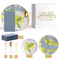 Earthtrends Tuscan Ultimate Set | Plates, Gold Cutlery & Napkins | Serves 200