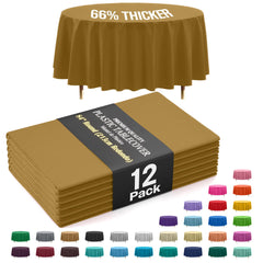 Premium Round Gold Plastic Table Covers | 12 Pack
