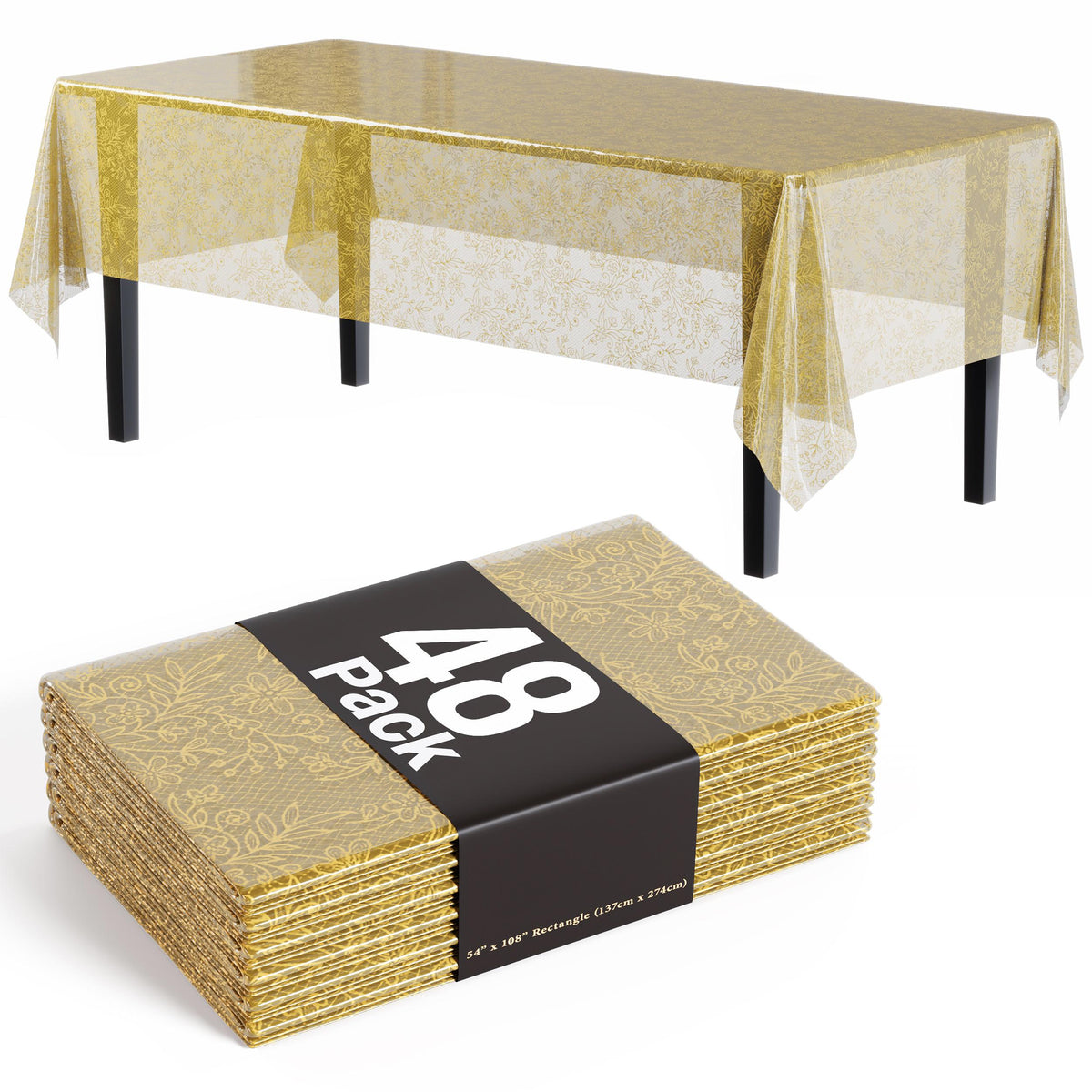 Gold Floral Printed Plastic Table Covers | 48 Count