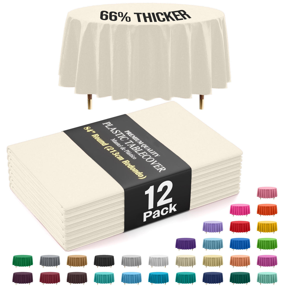 Premium Round Ivory Plastic Table Covers | 12 Pack
